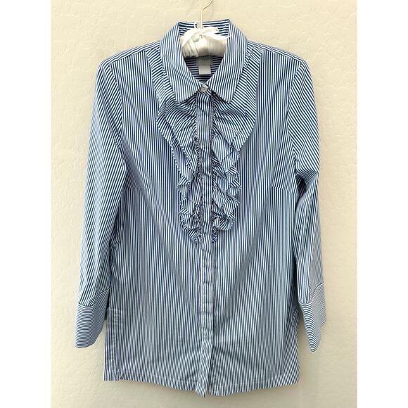 CHICO’S Striped Blue White Ruffle Front Button Down Blouse Tunic | Size 1 Medium - Picture 1 of 6